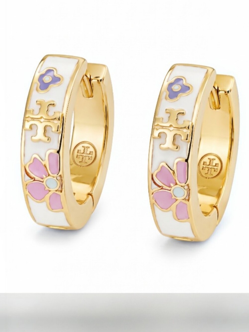 Tory Burch Gold-Tone White & Pink Enamel Floral Huggie Earrings